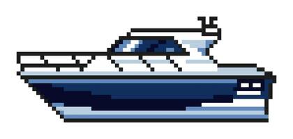 Summer vacation icons yacht, speedboat, boat in retro pixel art style. Inspired by games from the 80s, 90s. Design of mobile games, stickers. Modern illustration. vector