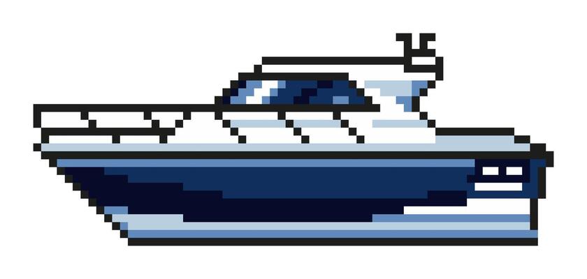 Summer vacation icons yacht, speedboat, boat in retro pixel art style. Inspired by games from the 80s, 90s. Design of mobile games, stickers. Modern illustration.