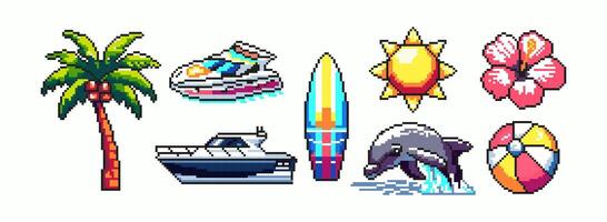 Trendy set of elements for summer holidays in the style of pixel art, highlighted on a white background. Inspired by the games of the 80s, 90s. vector