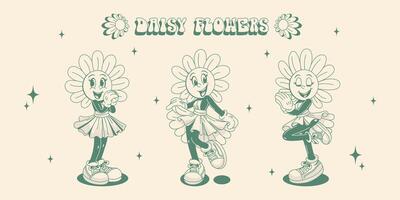 Smiling daisy character in retro 70s style. Funny emotions and peeing in a dress. Monochrome. illustration. vector