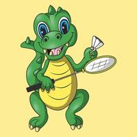 a green dinosaur wants to play badminton vector