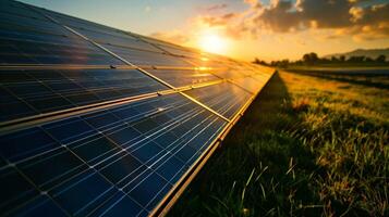 solar paneles en un campo a puesta de sol foto