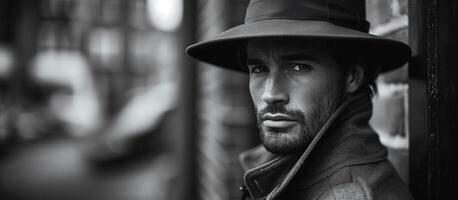 a man in a hat and jacket leaning against a brick wall photo