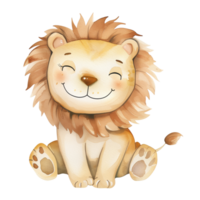 Watercolor illustration of a smiling Lion. Drawing of cute cartoon character for children's room decor or nursery print. African animal for Baby shower greeting cards and invitations in safari design. png