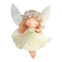 Watercolor illustration of cute Fairy with flowers. Drawing of fantastic Pixie for baby shower greeting cards and kid's birthday invitations. Art of fairytale Sprite for child nursery. Elf for girl. png