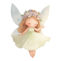 aquarelle illustration de mignonne Fée avec fleurs. dessin de fantastique lutin pour bébé douche salutation cartes et des gamins anniversaire invitations. art de Conte de fée lutin pour enfant garderie. elfe pour fille. png