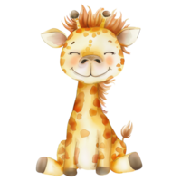 Watercolor illustration of a cute African Giraffe for nursery decor. Safari animal for baby shower invitations or birthday cards. Drawing of children's room design in pastel colors. png