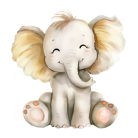 African elephant watercolor illustration. Smiling baby animal for safari travel. Cute drawing for baby shower greeting cards or childish birthday invitations. Character for nursery in pastel colors. png