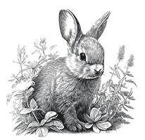 Rabbit cub sitting in the grass sketch drawn in doodle style illustration vector