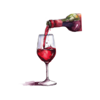 A bottle of wine is elegantly pouring a stream of wine into a sparkling glass. Watercolor style illustration. Ai illustration. png