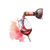 A bottle of wine is elegantly pouring a stream of wine into a sparkling glass. Watercolor style illustration. Ai illustration. png
