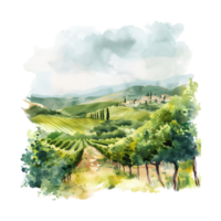 Rural landscape with vineyard fields and hills. Watercolor texture background. Hand draw design illustration for label or poster. ai png