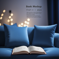 An opened book on a blue velvet sofa psd