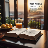 An opened book on a wooden table in morning light psd