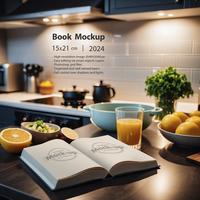 An opened book in a kitchen on a wooden table psd