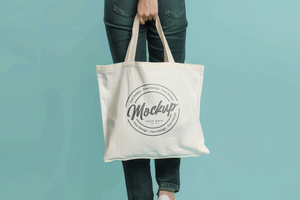Tasche Tasche Attrappe, Lehrmodell, Simulation mit ein Hintergrund von ein Frau halten ein Weiß Einkaufen Tasche psd