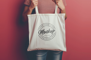 tote bag mockup with a background of a woman holding a white shopping bag psd