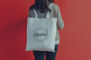 tote bag mockup with a background of a woman holding a white shopping bag psd