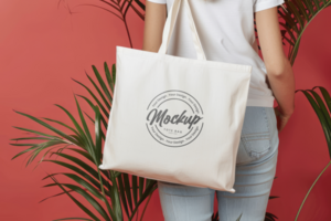 tote bag mockup with a background of a woman holding a white shopping bag psd