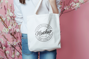 tote bag mockup with a background of a woman holding a white shopping bag psd