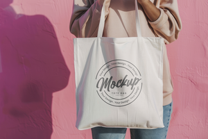 tote bag mockup with a background of a woman holding a white shopping bag psd