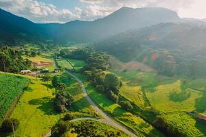 Aerial view of a rural area with corn field, mountains and sunlight in Santa Catarina, Brazil photo