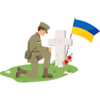 Military soldier in front of grave cross with Ukrainian flag png