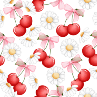 Coquette cherries daisies seamless repeating pattern, Preppy spring summer floral fruit digital paper for fabric design. png