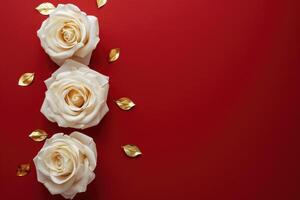 White roses with gold leaves on a red empty background with copy space. Festive background for card or invitation photo