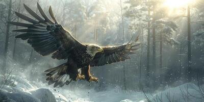 Wild eagle with spread wings against the backdrop of a snowy forest at dawn. Bird in the wild photo