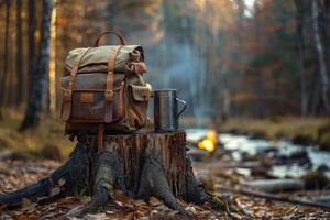 un viajeros mochila en un tocón en el medio de un hermosa bosque. excursionismo concepto. bosque caminata foto