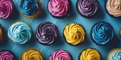 Cupcakes with colorful cream placed in a row on a blue background, top view. Background with sweets photo