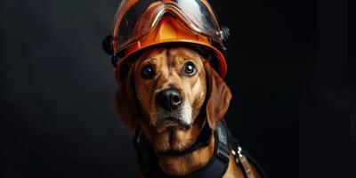 Firefighter dog on a dark background. Rescue animal. Dog in a fireman's helmet. Banner with copy space photo