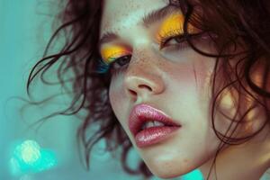 Close-up portrait of a young woman with bright colored makeup and freckles. Fashion banner with copy space photo