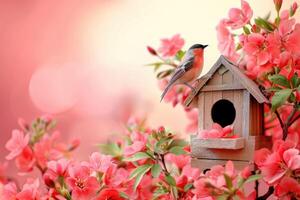 Birdhouse with a small beautiful bird among pink flowers. Spring bird photo