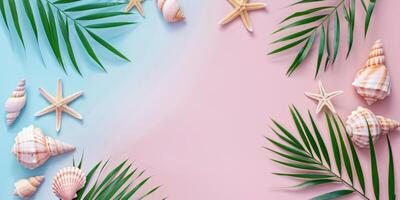 Summer blue and pink background with shells, starfish and palm leaves. Pastel background with copy space photo