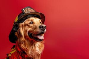 Rescue dog in a helmet on a red background with copy space. Fireman's dog photo