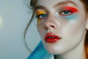 Close-up portrait of a young woman with bright colored makeup and freckles. Fashion banner with copy space photo