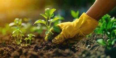 A hand in a glove works in a garden bed. Organic gardening. The farmer's gloved hands are digging a hole in the black soil. photo
