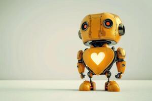 Cute robot with a heart on a blank background with copy space. Technology and love concept photo