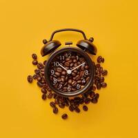Alarm clock in coffee beans on an empty yellow background. Break or awakening concept photo