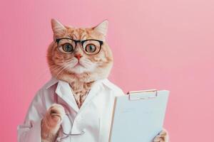 Cute cat doctor in a medical gown on a pastel background. Copy space, banner photo