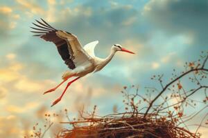 A beautiful crane flies over the landscape on a sunny day photo