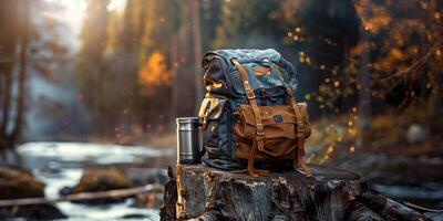 un viajeros mochila en un tocón en el medio de un hermosa bosque. excursionismo concepto. bosque caminata foto