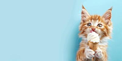 Kitten licks ice cream in a cone. Cat with ice cream. Cute summer banner with pet and copy space photo