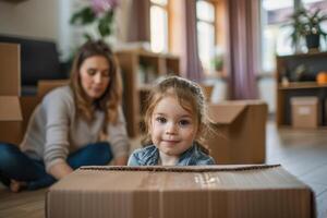 A happy 4 year old girl unpack cardboard boxes after moving. Family moving into a new house. photo