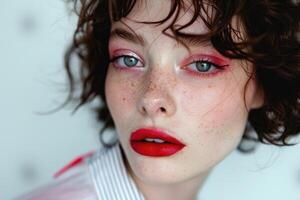 Close-up portrait of a young woman with bright colored makeup and freckles. Fashion banner with copy space photo