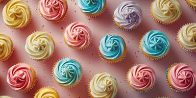 Cupcakes with colorful cream placed in a row on a pastel background, top view. Background with sweets photo