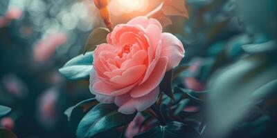 Camellia japonica flower close up. Floral delicate background with copy space photo