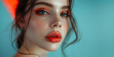 Close-up portrait of a young woman with bright colored makeup and freckles. Fashion banner with copy space photo